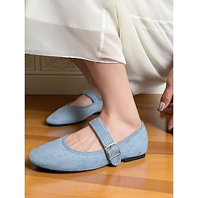 Women's Light Blue Suede Mary Jane Flats with Buckle Strap - Vintage-Inspired Comfortable Shoes for Casual Dates and Everyday Wear