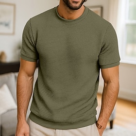 Men's Waffle Knit Tee Tee Top Short Sleeve Crew Neck Summer All Seasons Color Block Textured Fashion Designer Casual Buttons Basic Casual Daily Outdoor Army Gr