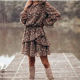 Women's Mini Dress Casual Dress Floral Dress Summer Dress Boho Dress Elegant Fashion Modern Daily Weekend Regular Fit Flower Long Sleeve Crew Neck Black Summer