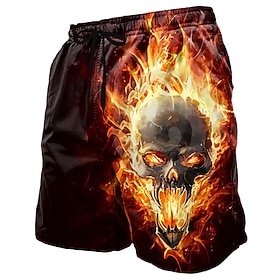 Halloween Men's Skull Flame Costumes Swim Trunks Swim Shorts Board Shorts Mid Waist Dark Punk Gothic Style Holiday Streetwear Side Pockets Mesh Lining Elastic