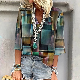 Women's T Shirt Summer Tops Print Color Gradient Fashion Modern 3/4 Length Sleeve V Neck Regular Tops Daily Blue Yellow Pink Summer
