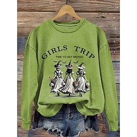 Halloween Women's Sweatshirts Witch Graphic Letter Casual Long Sleeve Crew Neck Regular Tops Street Dailywear Casual Print White Orange Green Fall Winter