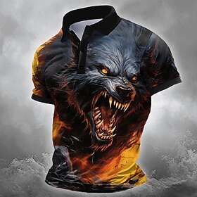 Halloween Men's Animal Wolf Polo Short Sleeve Polo Shirts Collared Shirts Casual Horror Dark Outdoor Athleisure Festival Outfit 3D Print Buttons Summer Black B