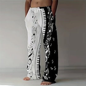 Men's Piano Musical Notes Trousers Baggy Pants Casual Pants Mid Waist Vintage Retro Vacation Holiday Elastic Drawstring Waist Linen-Like Pants with Pockets Sum