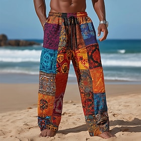 Men's Color Block Patchwork Ethnic Trousers Baggy Pants Casual Pants Mid Waist Vintage Retro Outdoor Vacation Elastic Drawstring Waist Linen-Like Pants with Po