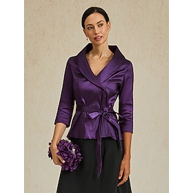 Women's Blouse Evening Tops Tie Front Solid Color Plain Elegant Metallic Stylish 3/4 Length Sleeve V Neck Regular Tops Evening Party Wedding Guest Semi Formal