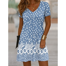 Women's Mini Dress Sundress T Shirt Dress Tee Dress A Line Dress Vacation Casual Boho Beach Going out Regular Fit Floral Graphic Short Sleeve V Neck Blue Black