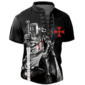 Halloween Herren Kreuzritter Templer Gothic Horror Henley T-Shirt Kurzarm T-Shirt 3D Druck Crew Neck Schnürkragen Henley Shirt Lässig Street Sport Outdoor Läss