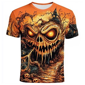 Halloween Men's Optical Illusion Pumpkin 3D T Shirt Short Sleeve T shirt 3D Print Crew Neck Shirt Exaggerated Designer Horror Party Street Casual Orange 3 Oran