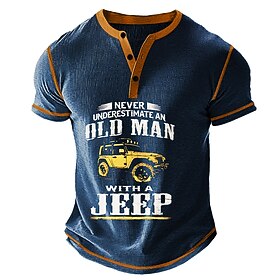 Men's Short Sleeve Henley T-Shirt - Never Underestimate An Old Man With A Jeep Graphic Tee