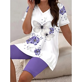 Women's T Shirt Shorts Sets Short Sleeve V Neck Ombre Floral Butterfly Print Fashion Daily Daily Casual Daily Light Green Grape Ocean Blue Summer Regular Fit
