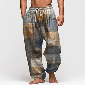 Men's Color Block Patchwork Trousers Baggy Pants Casual Pants Mid Waist Vintage Outdoor Vacation Elastic Drawstring Waist Linen-Like Pants with Pockets Summer