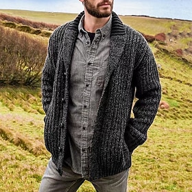 Men's Sweater Cardigan Sweater Ribbed Knit Regular Tops Button Up Plain Shawl Collar Vacation Fashion Casual Daily Wear Clothing Apparel Spring Fall Black S