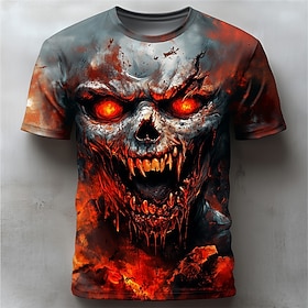 Halloween Men's Skull 3D Flame T Shirt Short Sleeve T shirt 3D Print Crew Neck Shirt Exaggerated Designer Horror Party Street Casual Black White Red Summer Spr