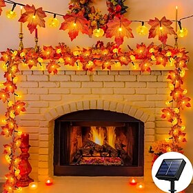 Halloween Solar Pumpkin Maple Leaf Fairytale String Lights 6.5m 30LED Outdoor Waterproof Garden Lights Thanksgiving Halloween Party Atmosphere Home Balcony Ter