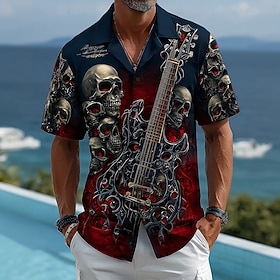 Halloween Men's Guitar Death Costumes Shirt Cuban Collar Shirt Button Up Shirt Short Sleeve Dark Punk Gothic Style Vacation Holiday Streetwear Summer Camp Coll