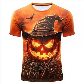 Halloween Men's Optical Illusion Pumpkin 3D T Shirt Short Sleeve T shirt 3D Print Crew Neck Shirt Fashion Exaggerated Daily Party Street Casual Orange Orange 2