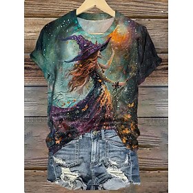 Halloween Women's T shirt Witch Graphic Vintage Stylish Classic Short Sleeve Crew Neck Round Neck Regular Tops Daily Weekend Print Black Dark Green Fuchsia Gre