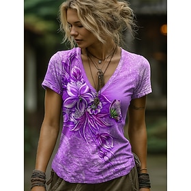 Women's T Shirt Print Floral Graphic Paisley Bohemia Vintage Stylish Short Sleeve V Neck Regular Tops Daily Going out Weekend Blue White Light Green Red Purple