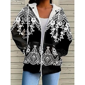 Women's Hooded Sweatshirt Jacket Long Sleeve Zip Up Hoodie With Pocket Lightweight Casual Oversized Geometric Striped Active Vintage Sports Drawstring Black Pi