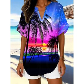 Women's Blouse Linen Like Breathable Lightweight Floral Graphic Leaf Elegant Bohemia Daily Short Sleeve Regular Tops Daily Holiday Yellow Pink Blue Summer Spri