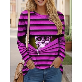 Halloween Women's T Shirt Skulls Long Sleeve Crew Neck Long Sleeve Tunic Graphic Vintage Stylish Classic Round Neck Regular Tops Daily Print Blue Fuchsia Green