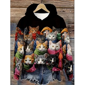 Women's Hoodie Pullover Sweatshirt Oversized Long Sleeve Casual Graphic Animal Cat Vintage Fashion Western Hooded Regular Tops Street Dailywear Print Front Poc