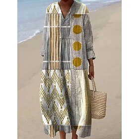 Women's Midi Dress V Neck Long Sleeve Kaftan Lightweight Loose Fit A Line Dress Casual Boho Going out Graphic Geometric Stripe Long Sleeve V Neck Black Yellow