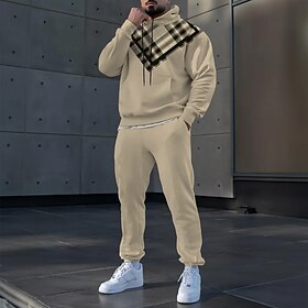Men's Plaid Color Block 2pcs 3D Sweatshirt Sets Tracksuit Hoodie Sweatshirt Long Sleeve Long pants Hooded Sporty Casual Daily Athleisure 3D Print Spring Fall W