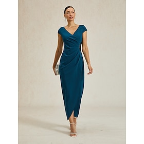 Women's Maxi Dress Sheath Dress Elegant Regular Fit Solid Color Short Sleeve V Neck Ink Blue