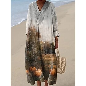 Halloween Women's Pumpkin Print Midi Dress V Neck Long Sleeve Kaftan Lightweight Loose Fit A Line Dress Casual Boho Party Going out Loose Fit Graphic Long Slee