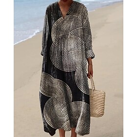 Women's Midi Dress Casual Dress Print Dress Fashion Modern Daily Beach Weekend Regular Fit Striped Long Sleeve V Neck Black Yellow Pink Green Spring Fall