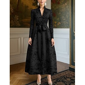 A-Line Floor Length Cocktail Dresses Evening Gown Party Dresses Elegant Vintage Black Dress Long Sleeve V Neck Wedding Formal Pocket Nylon with Bow(s) Strappy