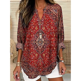 Women's Blouse Graphic Paisley Vintage Tropical Hawaiian Long Sleeve V Neck Regular Tops Daily Holiday Beach Wear Print Red Blue Green Summer Spring