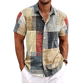 Per uomo Camicia camicia di lino camicie retrò Camicia d'epoca Camicia etnica Scozzese a quadri Esterno Interni Blu Kaki Grigio Manica corta Collo rip