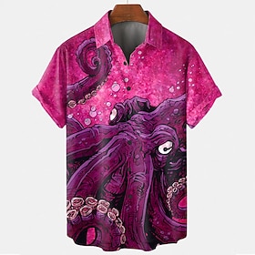 Ocean Dweller by David Lozeau Men's Octopus Sea Creatures Button Up Shirt Short Sleeve Designer Shirt Limited Artist Edition