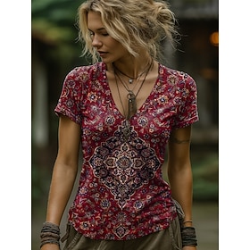 T-Shirt Boho Donna Grafico Floreale Paisley Bohemia Vintage Elegante Manica Corta Collo a V Maglie Regolari Giornaliero Uscita Weekend Stampa Nera Ros