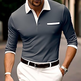 Men's Polo Shirts Golf Polos Shirts Business Casual Lapel Ribbed Polo Collar Long Sleeve Fashion Basic Solid Color Pocket Fall Winter Regular Fit Black Red Nav