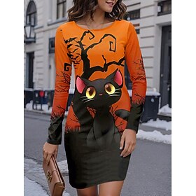 Halloween Women's Black Cat Print Mini Dress T Shirt Dress Tee Dress Shift Dress Dress Vacation Casual Party Daily Graphic Animal Long Sleeve Crew Neck Black Y