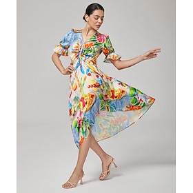 Damen Weiblich Freizeitkleid Midikleid Regenbogen Kurzarm Blumenmuster Sommer Frühling Ganzjahresmode V Ausschnitt…: retailer-supplied image