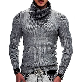 Men's Sweater Pullover Sweater Jumper Ribbed Knit Regular Tops Knitted Slim Fit Plain Shawl Knitwear Fashion Casual Daily Wear Clothing Apparel Winter Black Wh