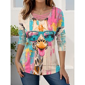 Women's T shirt Long Sleeve Graphic Animal Giraffe Vintage Stylish Classic Long Sleeve V Neck Regular Tops Daily Cut Out Print Pink Blue Green Rose Pink Spring