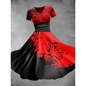 Halloween Women's Bat Print Midi Dress A Line Dress Summer Dress Fit And Flare Dress Party Casual Daily Holiday Regular Fit Graphic Abstract Short Sleeve V Nec