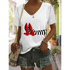 Halloween Women's T shirt Witch Graphic Vintage Stylish Classic Short Sleeve V Neck Regular Tops Daily Print Black White Blue Green Summer Spring
