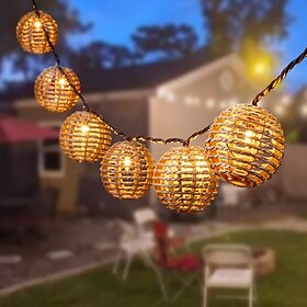 Rattan Wire Ball Style Decorative Lantern String Lights - 10 Lights Globe Rattan Wicker Ball String Lights Indoor Outdoor Patio String Light for Home Pergola P