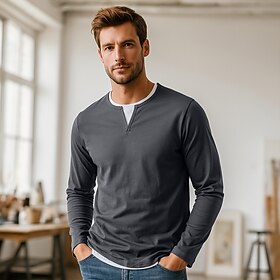 Men's 100% Cotton T Shirt Long Sleeve Crew Neck All Seasons Solid Color Knitwear Daily Casual Fake two piece Outdoor Vacation Home Black Brown Green Top Tee fo