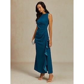 Women's Maxi Dress Sheath Dress Elegant Party Semi Formal Wedding Guest Cocktail Party Ruffle Solid Color Sleeveless Crew Neck Boat Neck Ink Blue