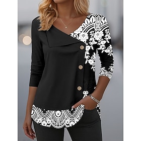 Women's Blouse Tunic V Neck Long Sleeve Buttons Graphic Tribal Elegant Fashion Casual Crew Neck Regular Tops Daily Patchwork Print Black Pink Blue Purple Green