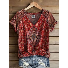 Women's T Shirt Print Floral Graphic Paisley Bohemia Vintage Stylish Short Sleeve V Neck Regular Tops Daily Going out Weekend Red Light Brown Green off-white S