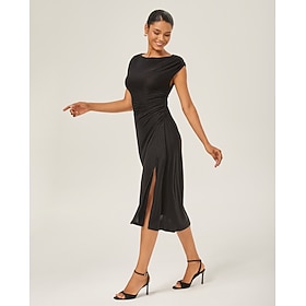 Weiblich Freizeitkleid Schwarz Kappenärmel Einfach Sommer Herbst Ganzjahresmode U-Boot-Ausschnitt Elegant Modern XS S M: retailer-supplied image
